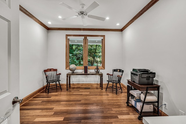 289 Stoneview, Pittsboro, NC 27312 - sitting room featuring ornamental molding, wood finished floors, a ceiling fan, recessed lighting, and baseboards