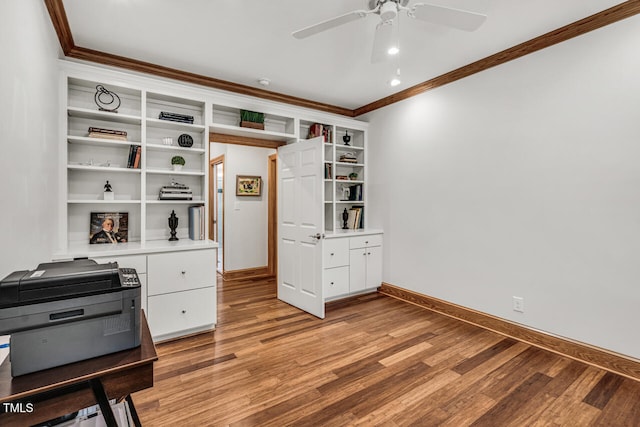 289 Stoneview, Pittsboro, NC 27312 - unfurnished office featuring crown molding, ceiling fan, baseboards, and light wood-style flooring