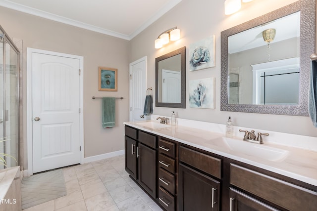 bathroom featuring a shower stall, double vanity, ornamental molding, and marble finish floors