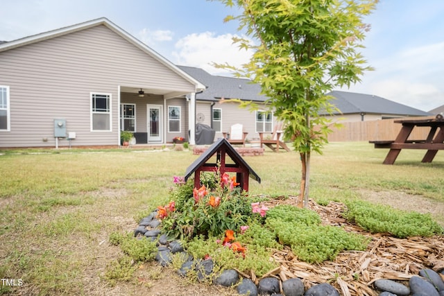 back of property with ceiling fan