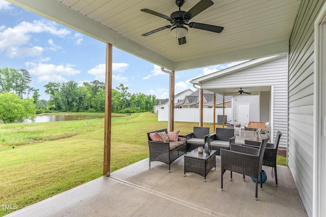 646 Shelford Trl, Zebulon, NC 27597 - view of patio with ceiling fan, a water view, outdoor lounge area, and central AC