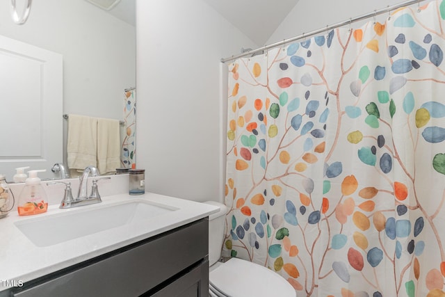 646 Shelford Trl, Zebulon, NC 27597 - bathroom with toilet, vanity, lofted ceiling, and curtained shower