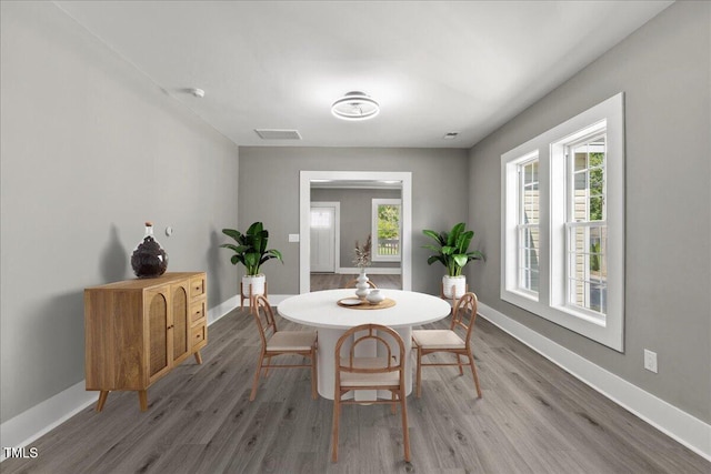 dining space with wood finished floors, plenty of natural light, and baseboards
