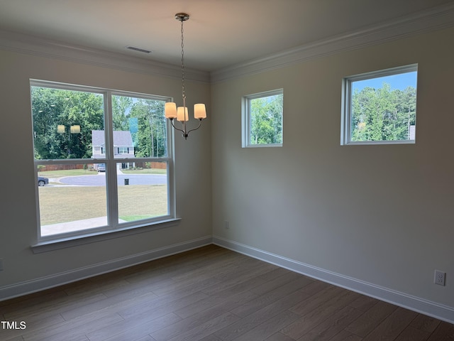 38 Gander Dr, Benson, NC 27504 - unfurnished dining area with a chandelier, baseboards, dark wood-style flooring, and ornamental molding