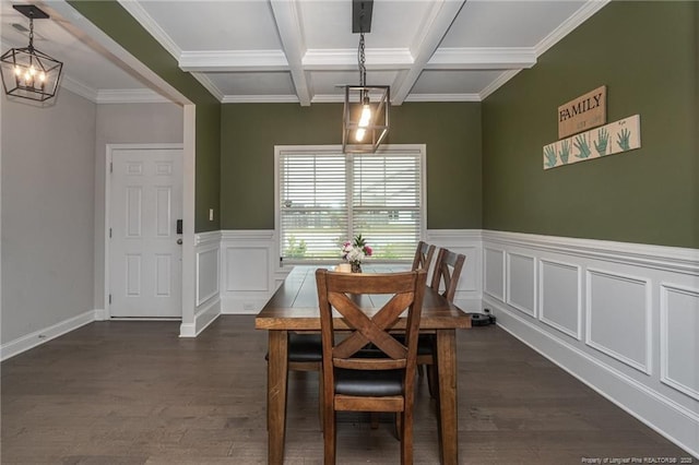 1409 Amen Ct, Hope Mills, NC 28348 - dining room featuring beam ceiling, dark wood-style floors, wainscoting, coffered ceiling, and a chandelier
