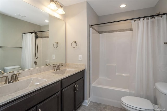 1409 Amen Ct, Hope Mills, NC 28348 - full bathroom with toilet, shower / tub combo, tile patterned flooring, and double vanity