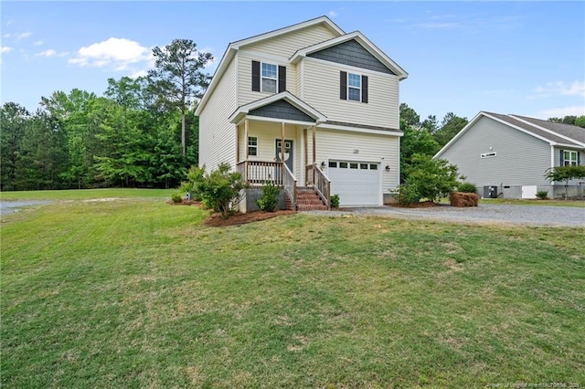 view of front of house with gravel driveway, a garage, a front lawn, and central air condition unit