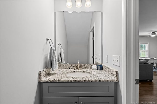 bathroom featuring a ceiling fan, vanity, and wood finished floors