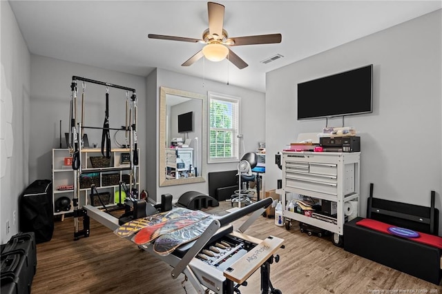 interior space featuring wood finished floors and a ceiling fan