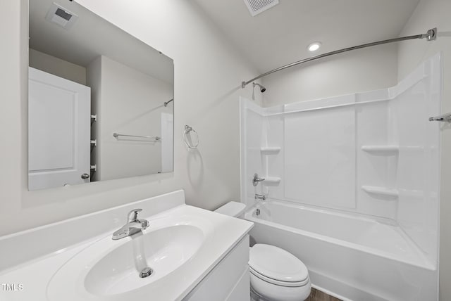 full bathroom with toilet, vanity, washtub / shower combination, and recessed lighting