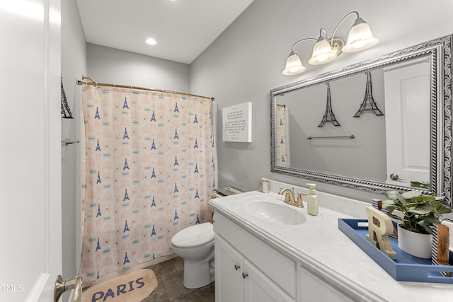 full bathroom with toilet, curtained shower, tile patterned floors, vanity, and recessed lighting
