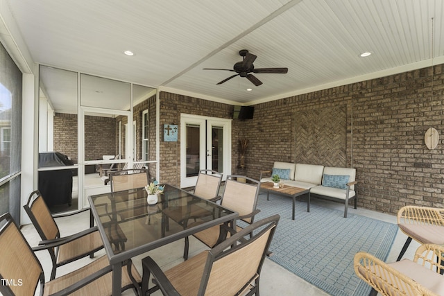 view of patio featuring ceiling fan, an outdoor hangout area, grilling area, outdoor dining area, and french doors