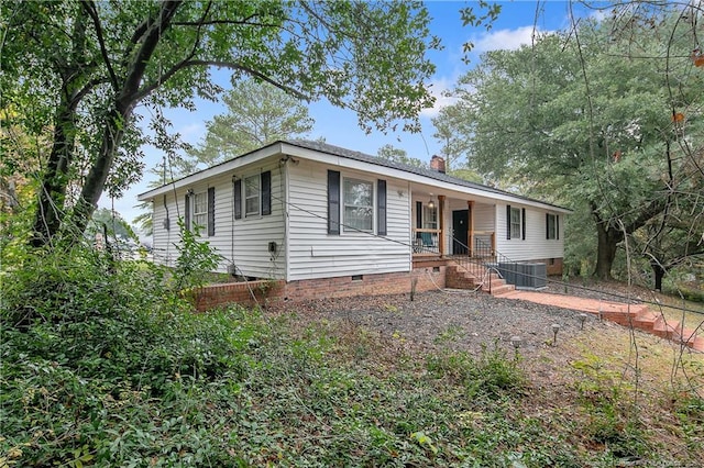 ranch-style house with crawl space, a chimney, and central air condition unit