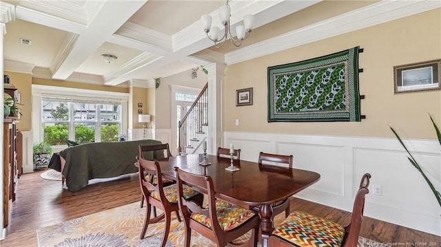 4323 Saleeby Way, Fayetteville, NC 28306 - dining area with beamed ceiling, healthy amount of natural light, decorative columns, stairs, and wood finished floors