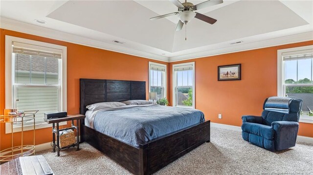 4323 Saleeby Way, Fayetteville, NC 28306 - carpeted bedroom with a tray ceiling, baseboards, crown molding, and ceiling fan