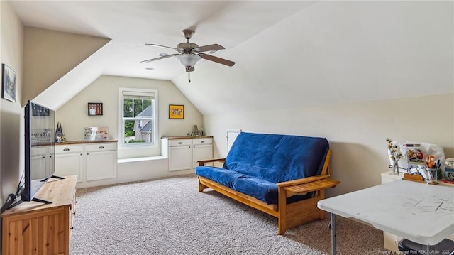 4323 Saleeby Way, Fayetteville, NC 28306 - living area with light carpet, ceiling fan, and lofted ceiling