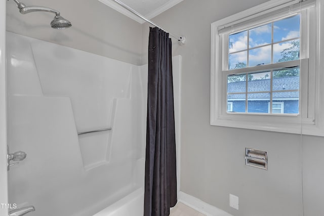 302 Hester St, Knightdale, NC 27545 - full bathroom with healthy amount of natural light, crown molding, baseboards, and shower / bath combination with curtain