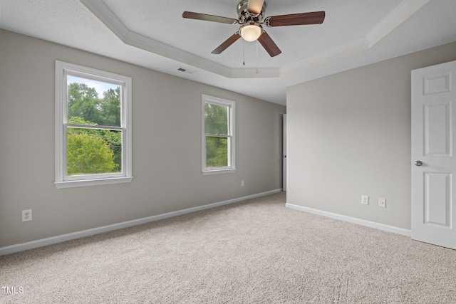114 Lynnville Ct, Lillington, NC 27546 - carpeted empty room featuring a raised ceiling, ornamental molding, baseboards, a ceiling fan, and a textured ceiling