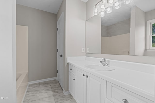 114 Lynnville Ct, Lillington, NC 27546 - full bathroom featuring marble look tiles, vanity, a shower, and baseboards