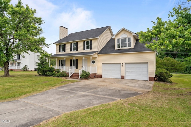114 Lynnville Ct, Lillington, NC 27546 - view of front of home featuring covered porch, driveway, a front lawn, a garage, and a chimney