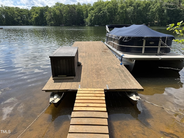 dock area with a water view and a view of trees