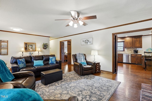 203 Marlowe Dr, Dunn, NC 28334 - living room with ceiling fan, crown molding, dark wood finished floors, and baseboards