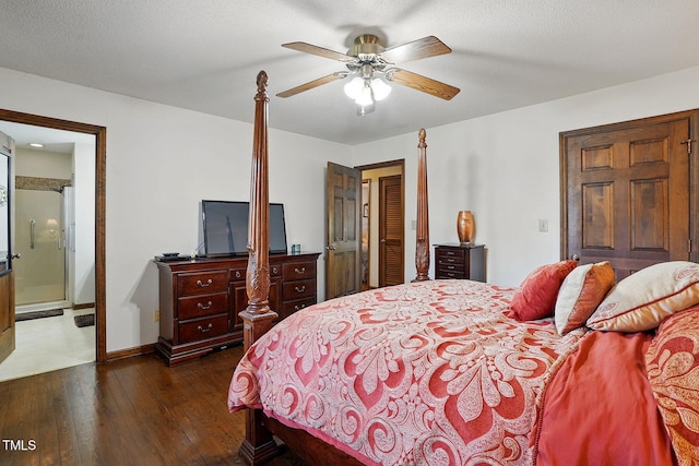 203 Marlowe Dr, Dunn, NC 28334 - bedroom featuring dark wood-style floors, baseboards, ceiling fan, and ensuite bathroom