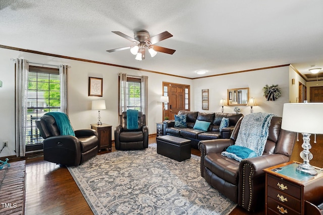 203 Marlowe Dr, Dunn, NC 28334 - living room featuring ceiling fan, dark wood-type flooring, ornamental molding, and baseboards