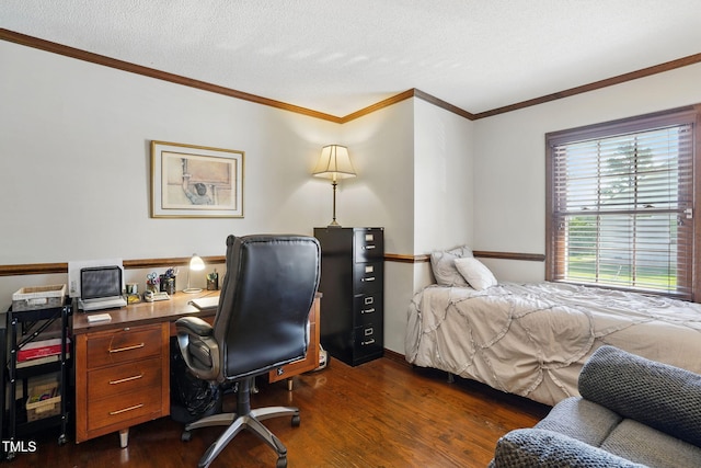 203 Marlowe Dr, Dunn, NC 28334 - bedroom with dark wood-style floors, crown molding, an office area, a textured ceiling, and baseboards