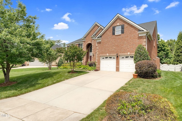 traditional home featuring brick siding, concrete driveway, and a garage