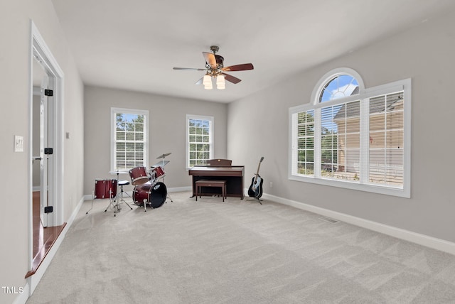 miscellaneous room featuring plenty of natural light, carpet floors, and baseboards
