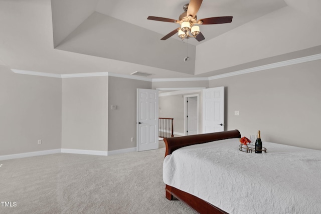 bedroom with light carpet, baseboards, and ceiling fan