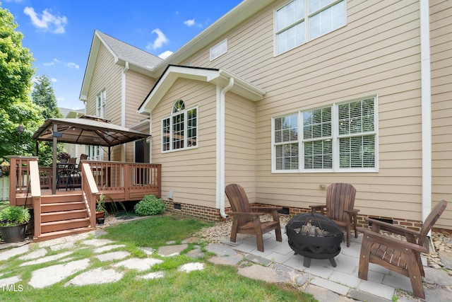 9639 Clubvalley Way, Raleigh, NC 27617 - back of house featuring a gazebo, an outdoor fire pit, a deck, a patio area, and crawl space
