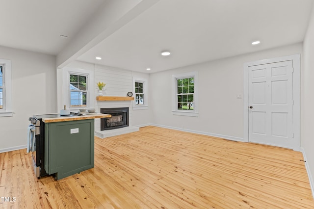 306 Coleman St, Oxford, NC 27565 - kitchen featuring green cabinets, light wood-type flooring, plenty of natural light, a fireplace with raised hearth, and recessed lighting