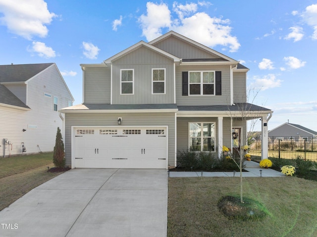 view of front of property with a garage, concrete driveway, board and batten siding, and covered porch