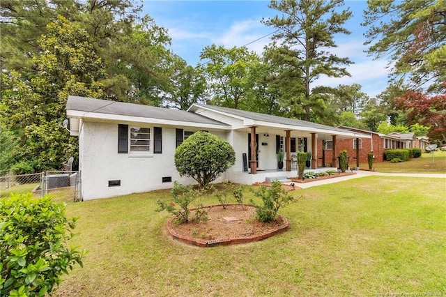 single story home with crawl space, covered porch, and brick siding