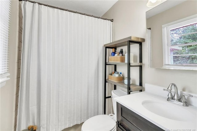 bathroom featuring toilet, vanity, and a shower with curtain