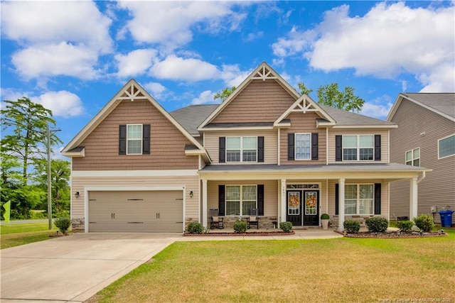 1401 Draw Bridge Ln, Fayetteville, NC 28312 - craftsman-style home featuring a porch, an attached garage, a front lawn, and concrete driveway