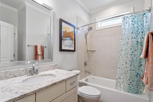 full bathroom with shower / tub combo, ornamental molding, vanity, and toilet