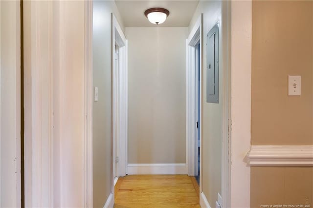 305 N Fayetteville St, Parkton, NC 28371 - hallway with light wood-style floors, electric panel, and baseboards
