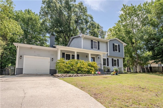 view of front of home with a garage, concrete driveway, and a chimney