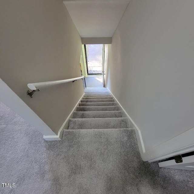 staircase with carpet flooring and baseboards