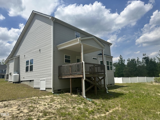 rear view of property with crawl space and a wooden deck