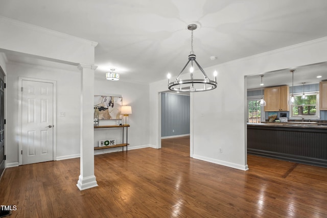 334 Westview Dr, Fayetteville, NC 28303 - unfurnished dining area with a chandelier, dark wood finished floors, baseboards, decorative columns, and ornamental molding