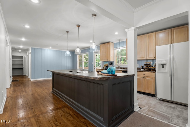 334 Westview Dr, Fayetteville, NC 28303 - kitchen featuring white refrigerator with ice dispenser, dark countertops, crown molding, light brown cabinetry, and a kitchen island