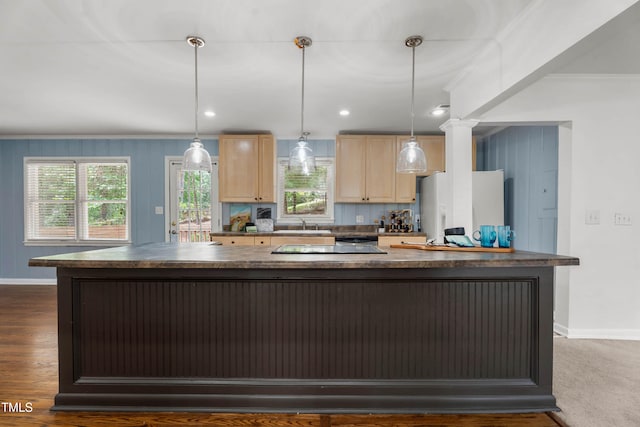 334 Westview Dr, Fayetteville, NC 28303 - kitchen with dark countertops, white fridge with ice dispenser, baseboards, ornamental molding, and light brown cabinetry