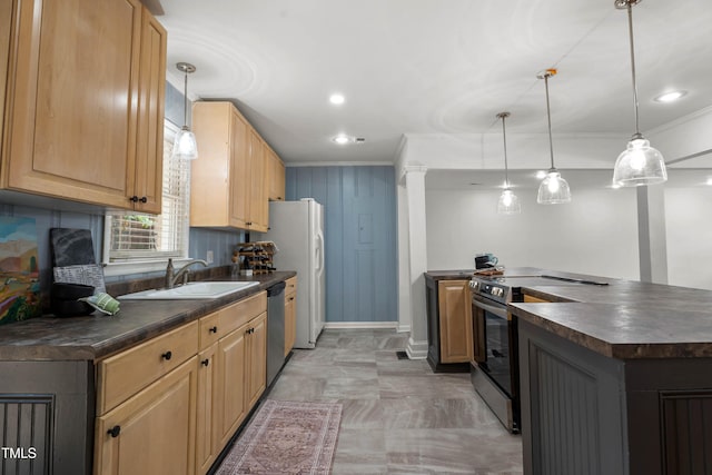 334 Westview Dr, Fayetteville, NC 28303 - kitchen with stainless steel appliances, dark countertops, a sink, crown molding, and recessed lighting