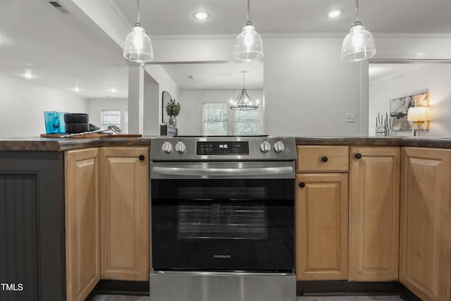 334 Westview Dr, Fayetteville, NC 28303 - kitchen with stainless steel range with electric cooktop, dark countertops, pendant lighting, crown molding, and recessed lighting