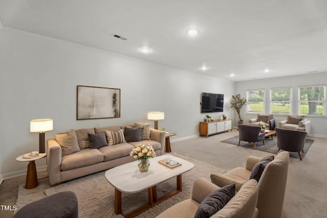 334 Westview Dr, Fayetteville, NC 28303 - living room with light colored carpet, baseboards, recessed lighting, and ornamental molding