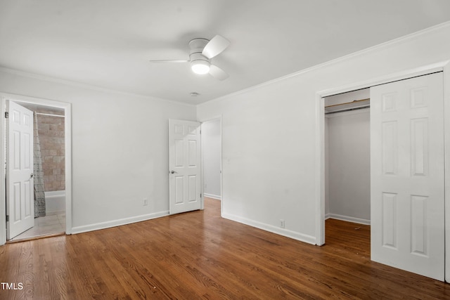 334 Westview Dr, Fayetteville, NC 28303 - unfurnished bedroom featuring ornamental molding, a closet, wood finished floors, baseboards, and ensuite bath